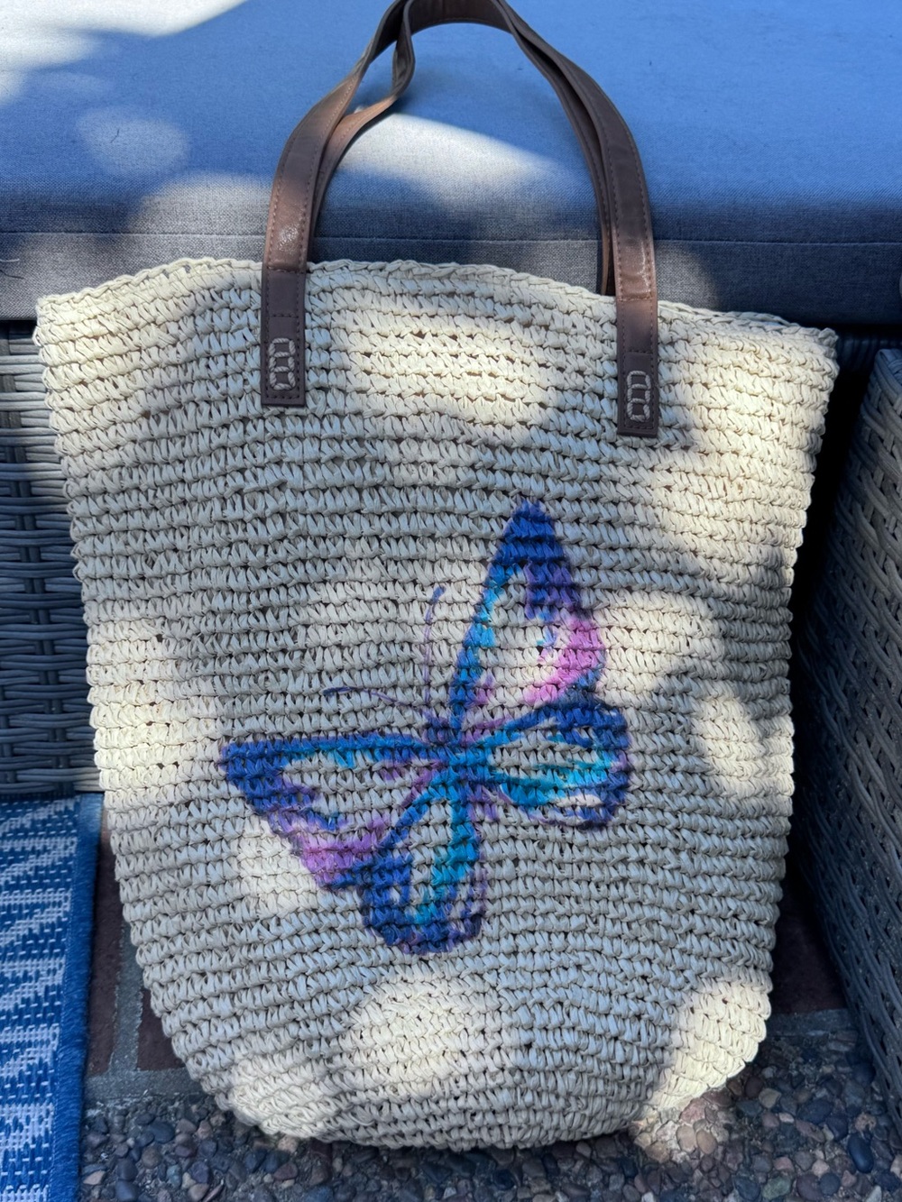 STYLE & CO BUTTERFLY WOVEN TOTE BAG RAFFIA BEACH BAG LARGE SHOULDER BAG